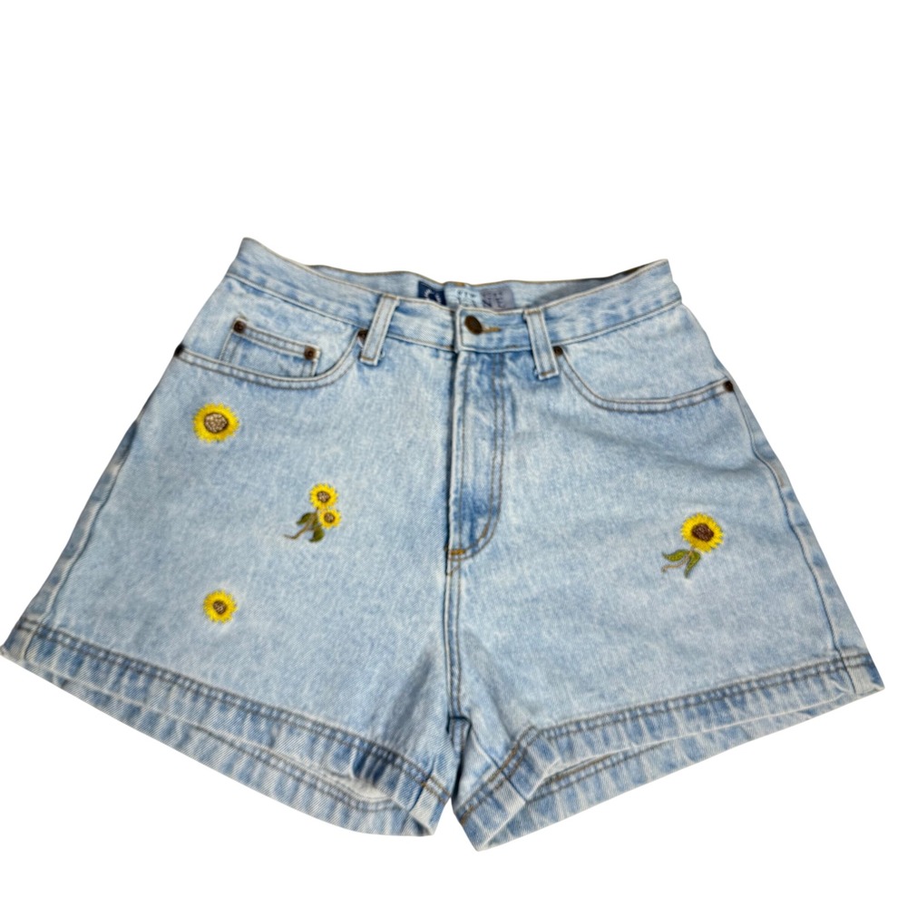 New York Line Vintage Sunflower Embroidered Denim Shorts Light Wash Blue Size 10